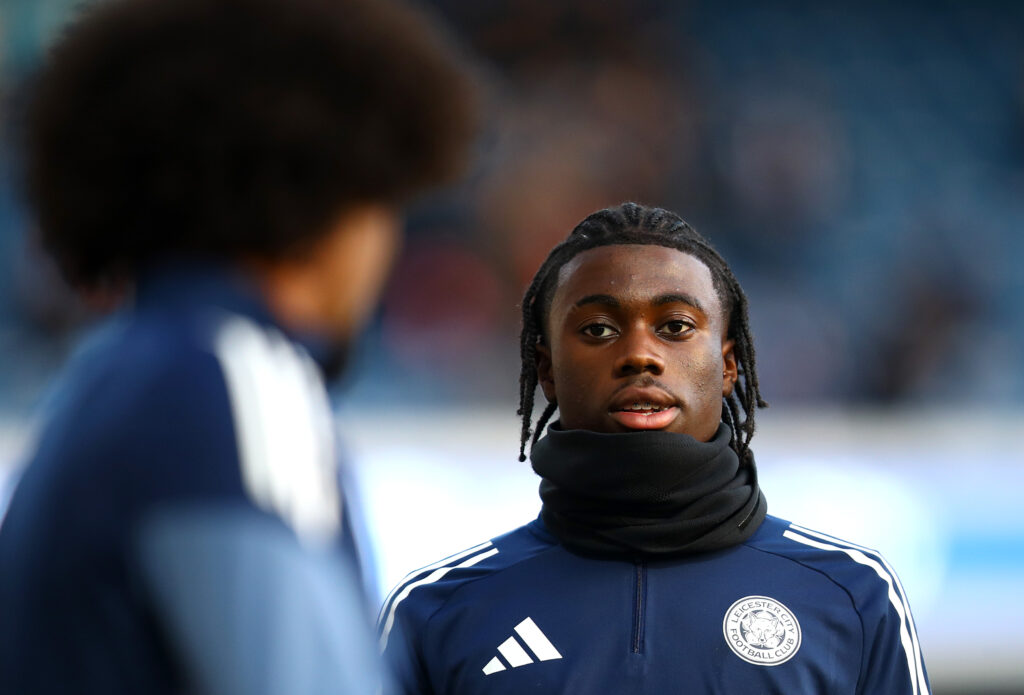 Jeremy Monga of Leicester City looks on as he warms up prior to the Sky Bet Championship match between Queens Park Rangers and Leicester City at Loftus Road on December 20, 2025