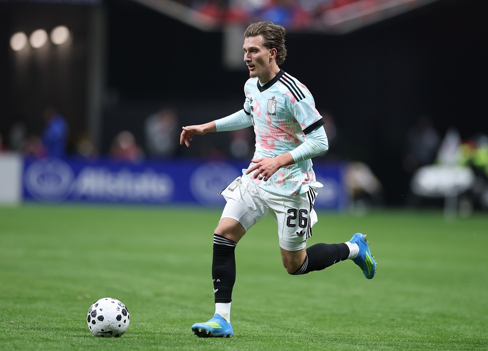 Mika Godts of Belgium runs with the ball during the second half of the international friendly between the United States and Belgium at Mercedes-Benz Stadium on March 28, 2026 in Atlanta, Georgia. (Photo by Kevin C. Cox/Getty Images)