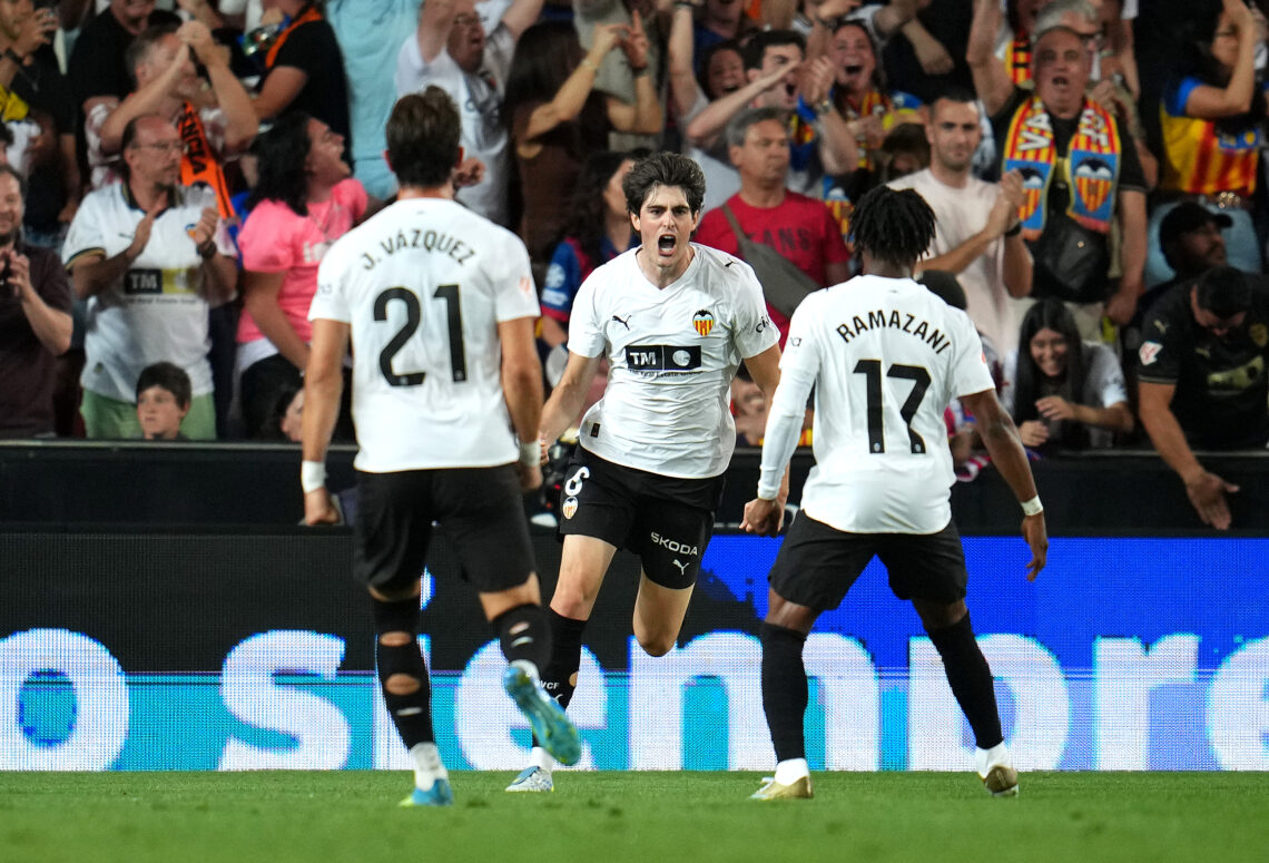 Javi Guerra of Valencia CF celebrates scoring his team's first goal during the LaLiga EA Sports match between Valencia CF and FC Barcelona at Estad...