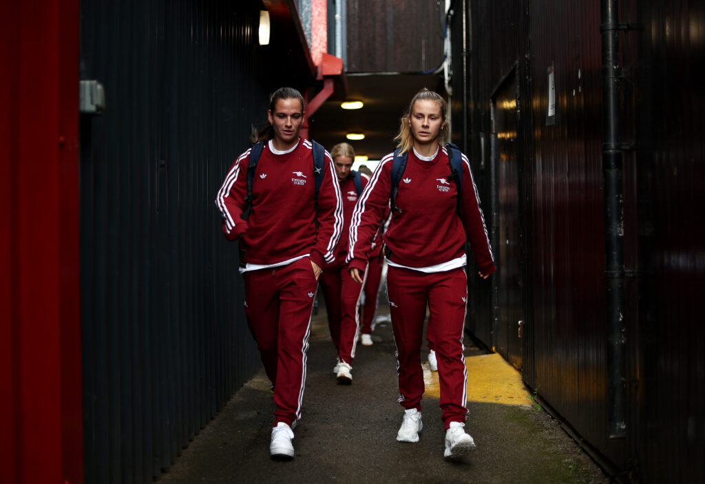 Laia Codina and Victoria Pelova of Arsenal arrive at the stadium prior to the Barclays Women's Super League match between West Ham United and Arsenal at Chigwell Construction Stadium on September 12, 2025 in Dagenham,