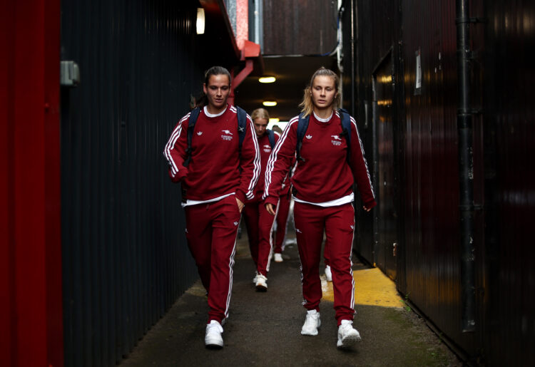 Laia Codina and Victoria Pelova of Arsenal arrive at the stadium prior to the Barclays Women's Super League match between West Ham United and Arsen...