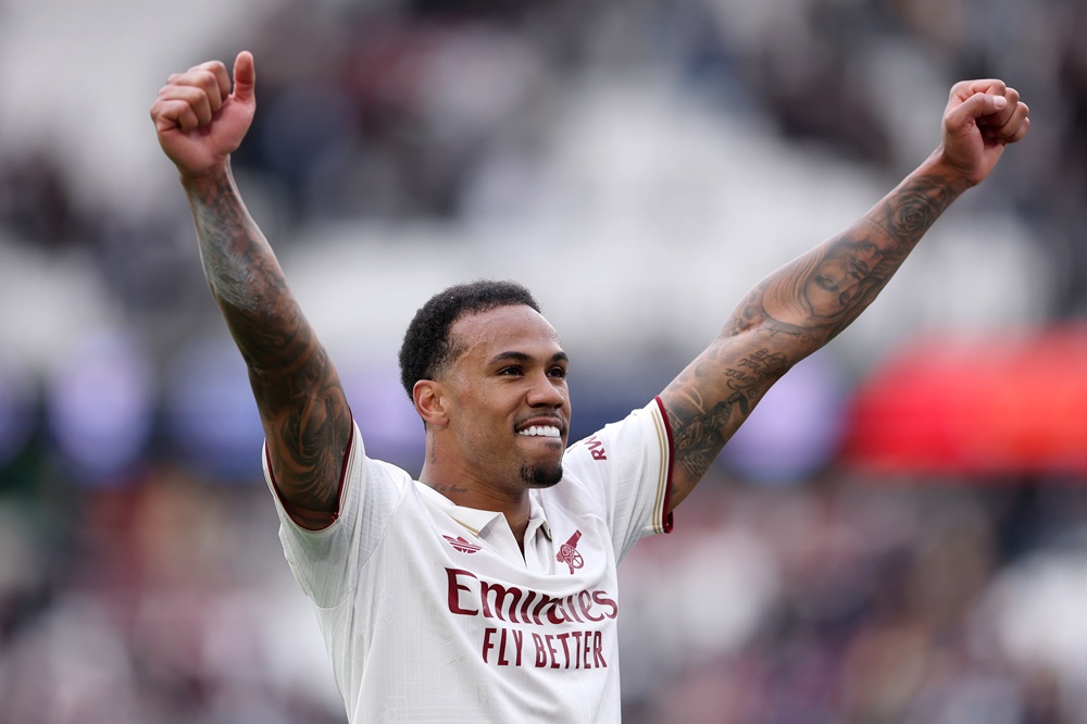 Gabriel of Arsenal celebrates at full time following the team's victory during the Premier League match between West Ham United and Arsenal at London Stadium on May 10, 2026 in London, England. (Photo by Justin Setterfield/Getty Images)