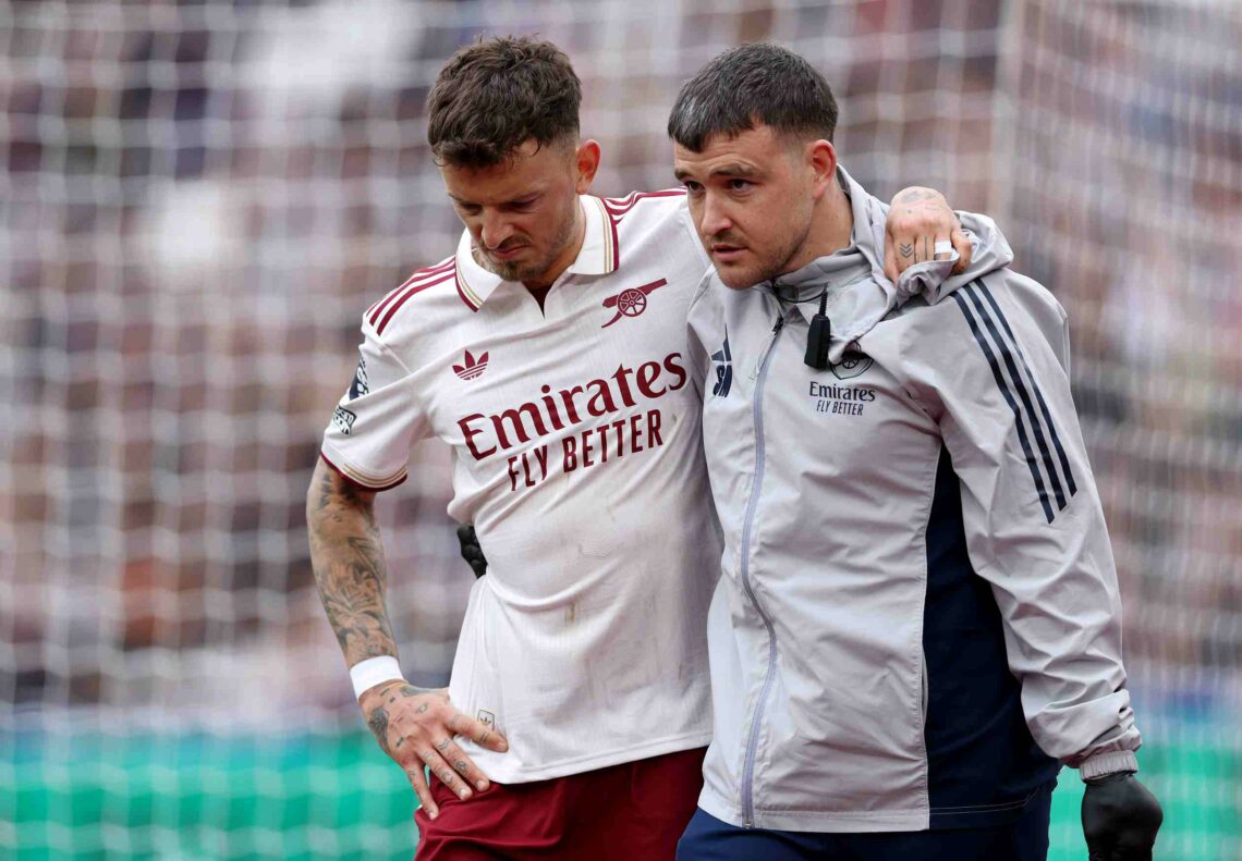 Ben White of Arsenal leaves the pitch after picking up an injury during the Premier League match between West Ham United and Arsenal at London Stad...
