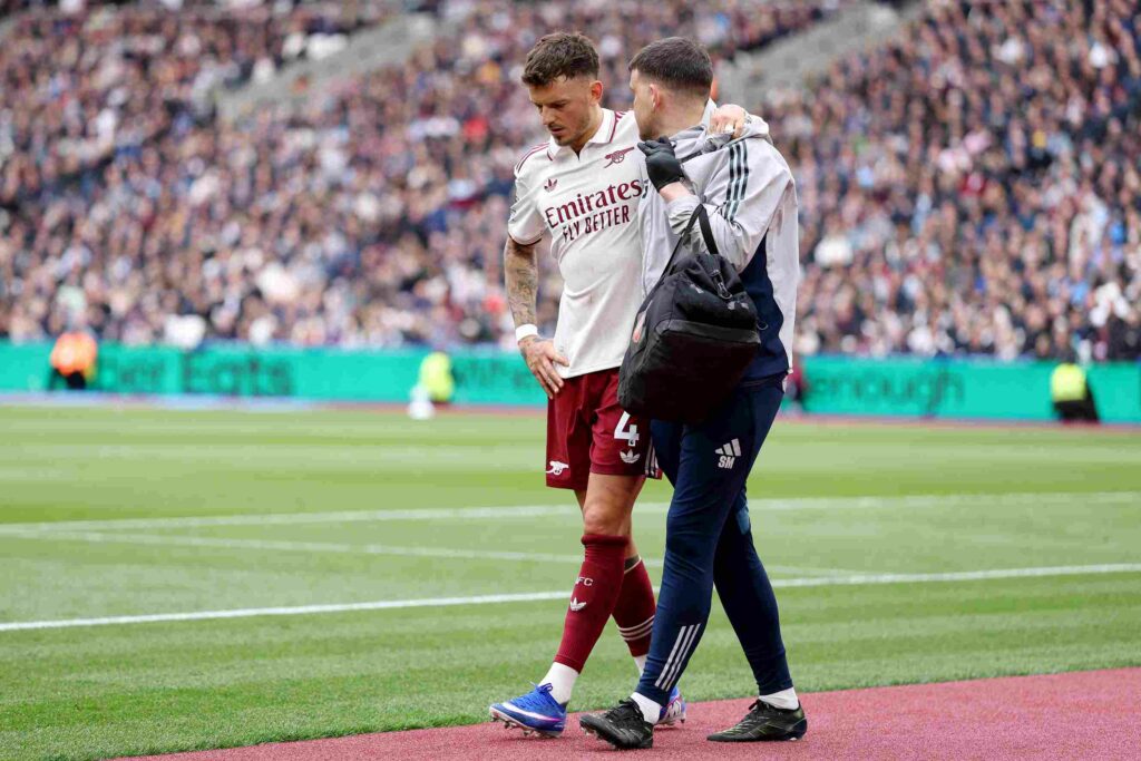 Ben White of Arsenal leaves the pitch after picking up an injury during the Premier League match between West Ham United and Arsenal at London Stadium on May 10, 2026