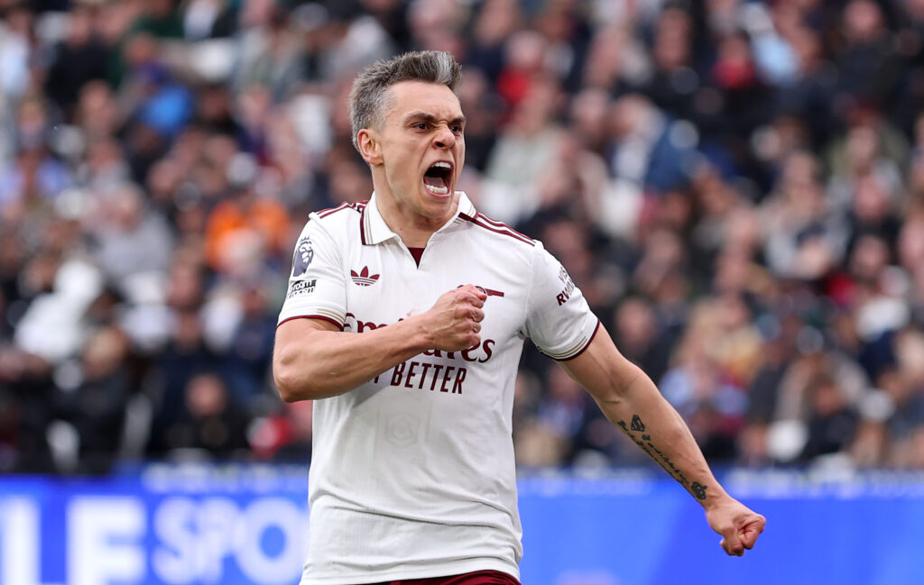 Leandro Trossard of Arsenal celebrates scoring his team's first goal during the Premier League match between West Ham United and Arsenal at London Stadium on May 10, 2026 in London,