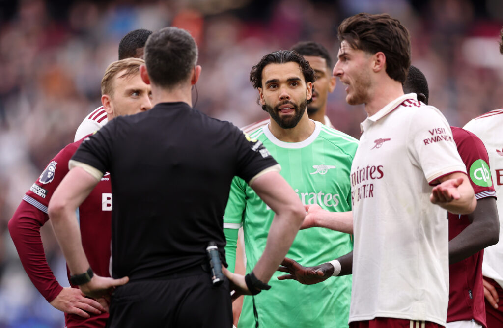 Arsenal focus on Burnley as Arteta eyes final home step 5 David Raya of Arsenal reacts towards Referee, Chris Kavanagh after being fouled by Pablo of West Ham United (not pictured) before Callum Wilson of West Ham United (not pictured) scored a goal, leading to a VAR review during the Premier League match between West Ham United and Arsenal at London Stadium