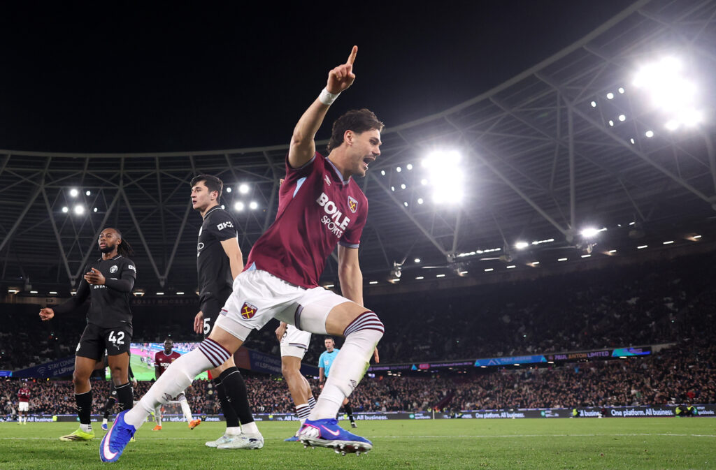 Konstantinos Mavropanos of West Ham United celebrates scoring his team's first goal during the Premier League match between West Ham United and Manchester City at London Stadium on March 14, 2026 in London, England.