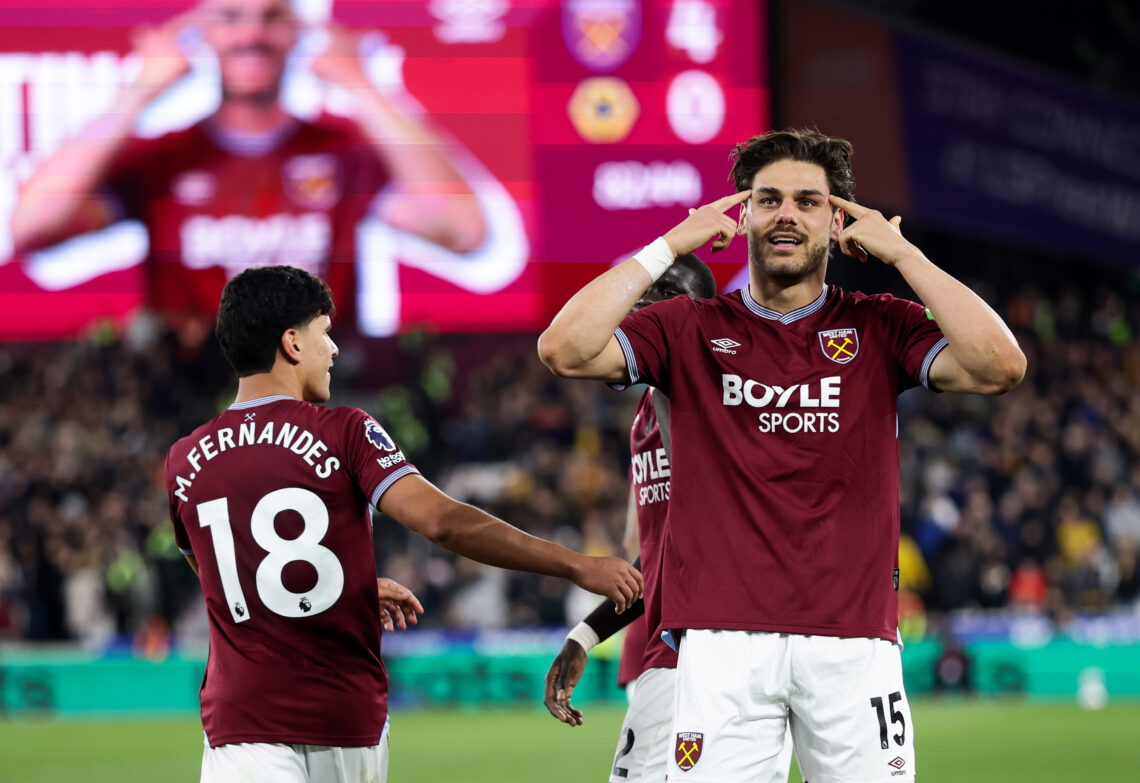 Konstantinos Mavropanos of West Ham United celebrates scoring his team's fourth goal during the Premier League match between West Ham United and Wo...
