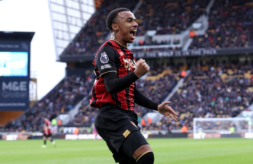 Eli Junior Kroupi of AFC Bournemouth celebrates scoring his team's first goal during the Premier League match between Wolverhampton Wanderers and B...
