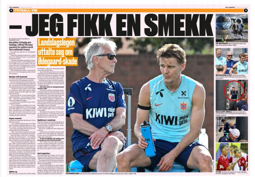Double page spread in VG featuring Martin Odegaard and NOrway team doctor Ola Sand