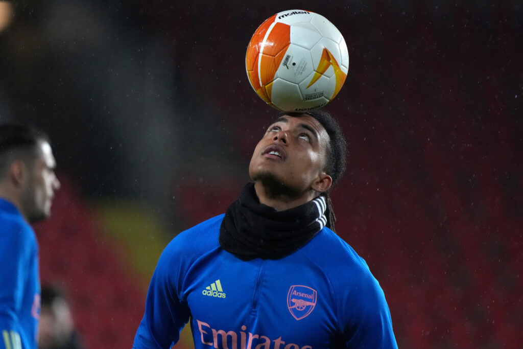 Miguel Azeez of Arsenal warms up prior to the UEFA Europa League Quarter Final Second Leg match between Slavia Praha and Arsenal FC at Sinobo Stadium on April 15, 2021 in Prague, Czech Republic