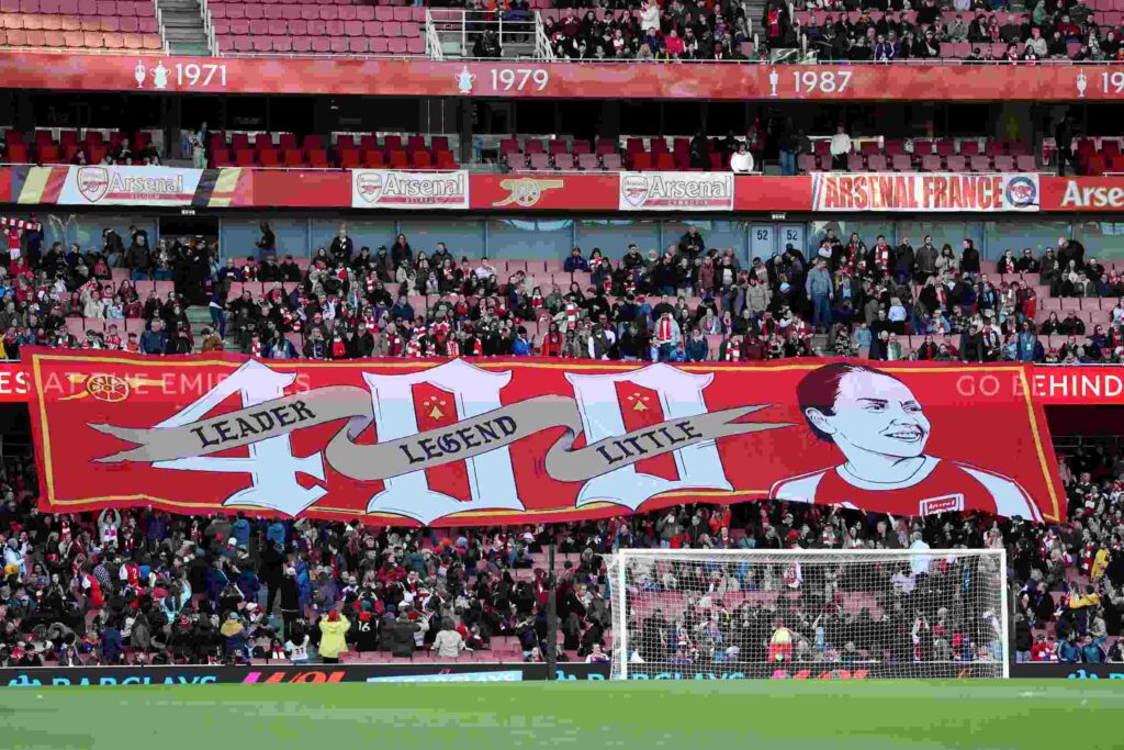 Arsenal fans display a TIFO to commemorate Kim Little of Arsenal making 400 appearances for the club prior to the Barclays Women's Super League match between Arsenal and Tottenham Hotspur