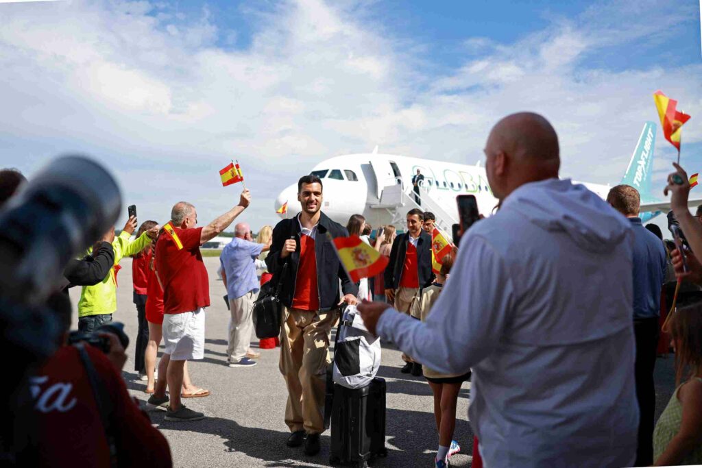 Midfielder Mikel Merino of Team Spain arrives ahead of the World Cup at Chattanooga Metropolitan Airport on June 05, 2026 in Chattanooga, Tennessee.