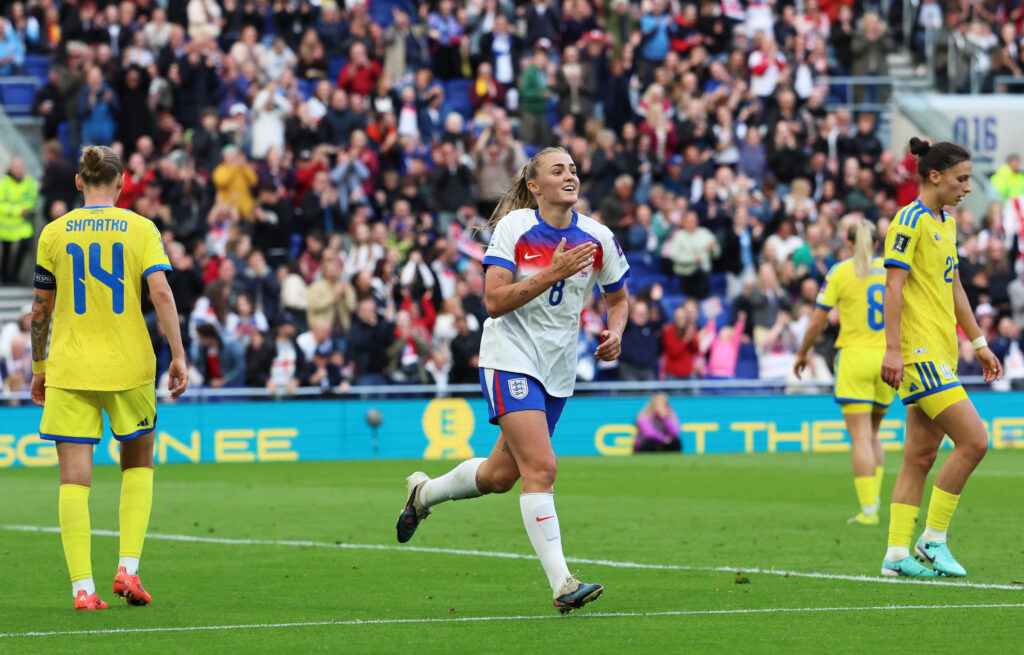 Georgia Stanway of England celebrates scoring her team's second goal during the FIFA Women's World Cup 2027 Qualifier match between England and Ukraine at Hill Dickinson Stadium on June 09, 2026
