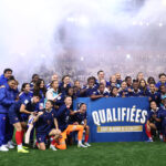 Players of France celebrate after qualifying for the FIFA Women's World Cup 2027 following the FIFA Women's World Cup 2027 Qualifier match between France and Republic of Ireland