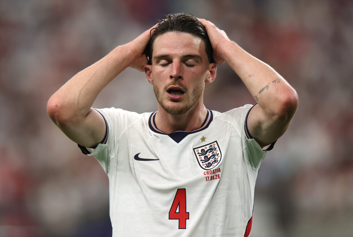 Declan Rice #4 of England reacts during the FIFA World Cup 2026 Group L match between England and Croatia at Dallas Stadium on June 17, 2026 in Arl...