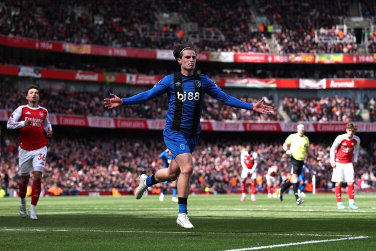Alex Scott of AFC Bournemouth celebrates scoring his team's second goal during the Premier League match between Arsenal and Bournemouth at Emirates...