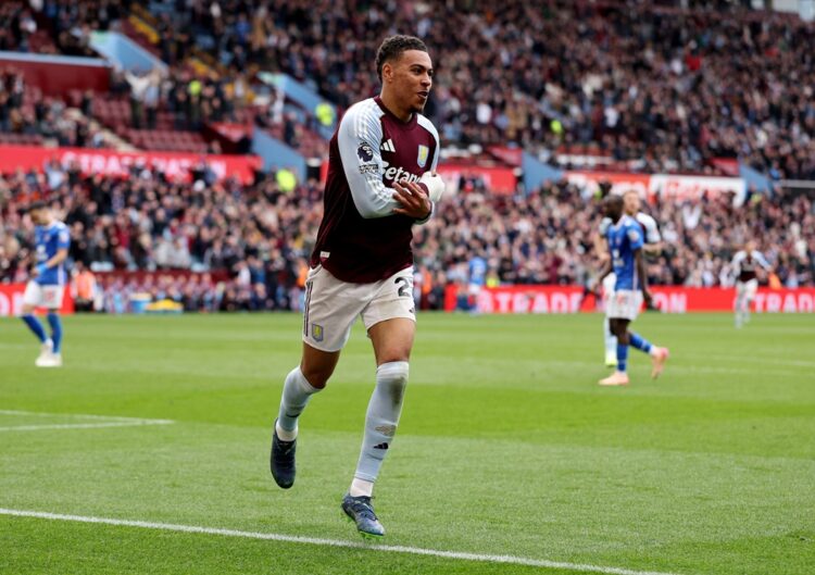 Morgan Rogers of Aston Villa celebrates scoring his team's third goal during the Premier League match between Aston Villa and Sunderland at Villa P...