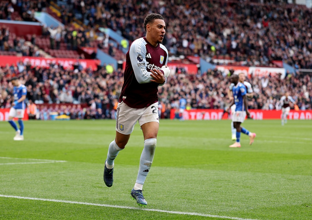 Morgan Rogers of Aston Villa celebrates scoring his team's third goal during the Premier League match between Aston Villa and Sunderland at Villa Park on April 19, 2026 in Birmingham, England. (Photo by Dan Mullan/Getty Images)