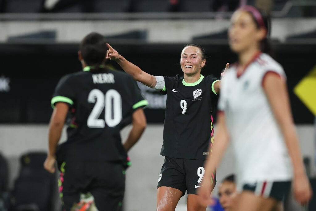 Caitlin Foord of Australia celebrates scoring a goal during the women's international friendly match between Australia Matildas and Mexico