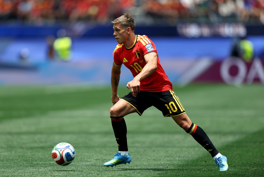 Leandro Trossard #10 of Belgium plays the ball during the FIFA World Cup 2026 Group G match between Belgium and IR Iran at Los Angeles Stadium on June 21, 2026 in Los Angeles, United States. (Photo by Harry How/Getty Images)