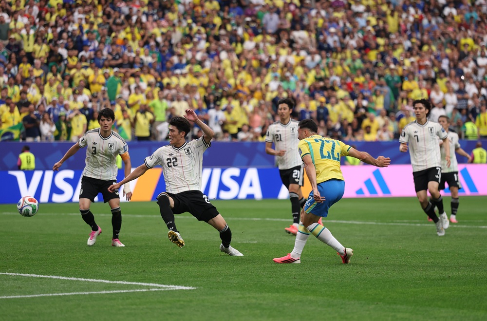 Gabriel Martinelli #22 of Brazil scores his team's second goal during the FIFA World Cup 2026 Round Of 32 match between Brazil and Japan at Houston Stadium on June 29, 2026 in Houston, Texas. (Photo by Lars Baron/Getty Images)