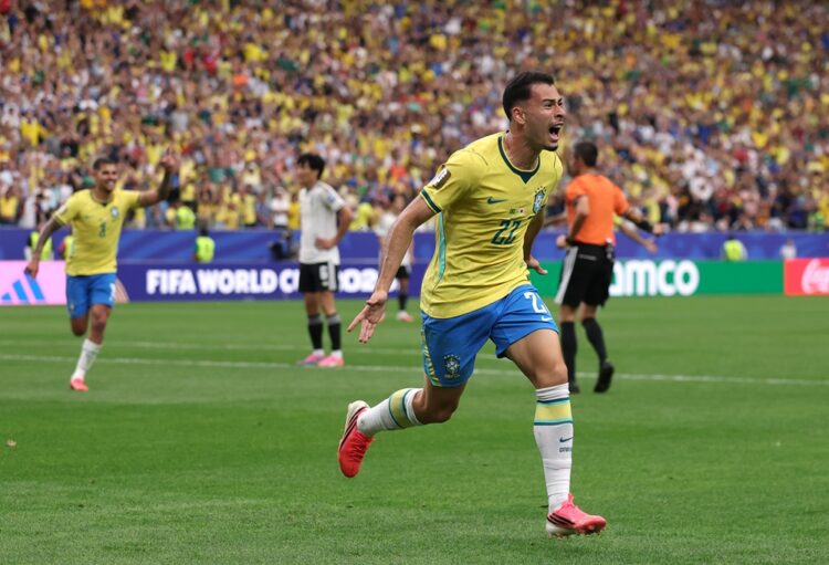 Gabriel Martinelli #22 of Brazil celebrates scoring his team's second goal during the FIFA World Cup 2026 Round Of 32 match between Brazil and Japa...