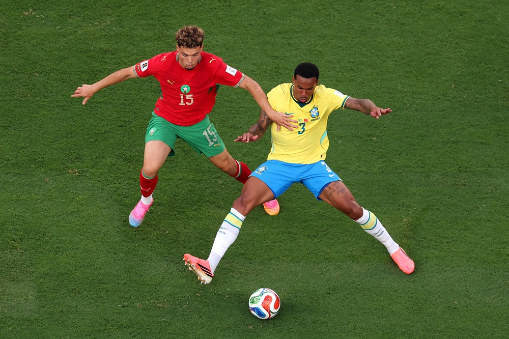 Gabriel Magalhaes #3 of Brazil is challenged by Samir El Mourabet #15 of Morocco during the FIFA World Cup 2026 Group C match between Brazil and Morocco at New York New Jersey Stadium on June 13, 2026 in East Rutherford, New Jersey. (Photo by Al Bello/Getty Images)