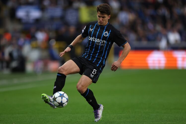 Christos Tzolis of Club Brugge in action during the UEFA Champions League 2025/26 League Phase MD1 match between Club Brugge KV and AS Monaco at Ja...