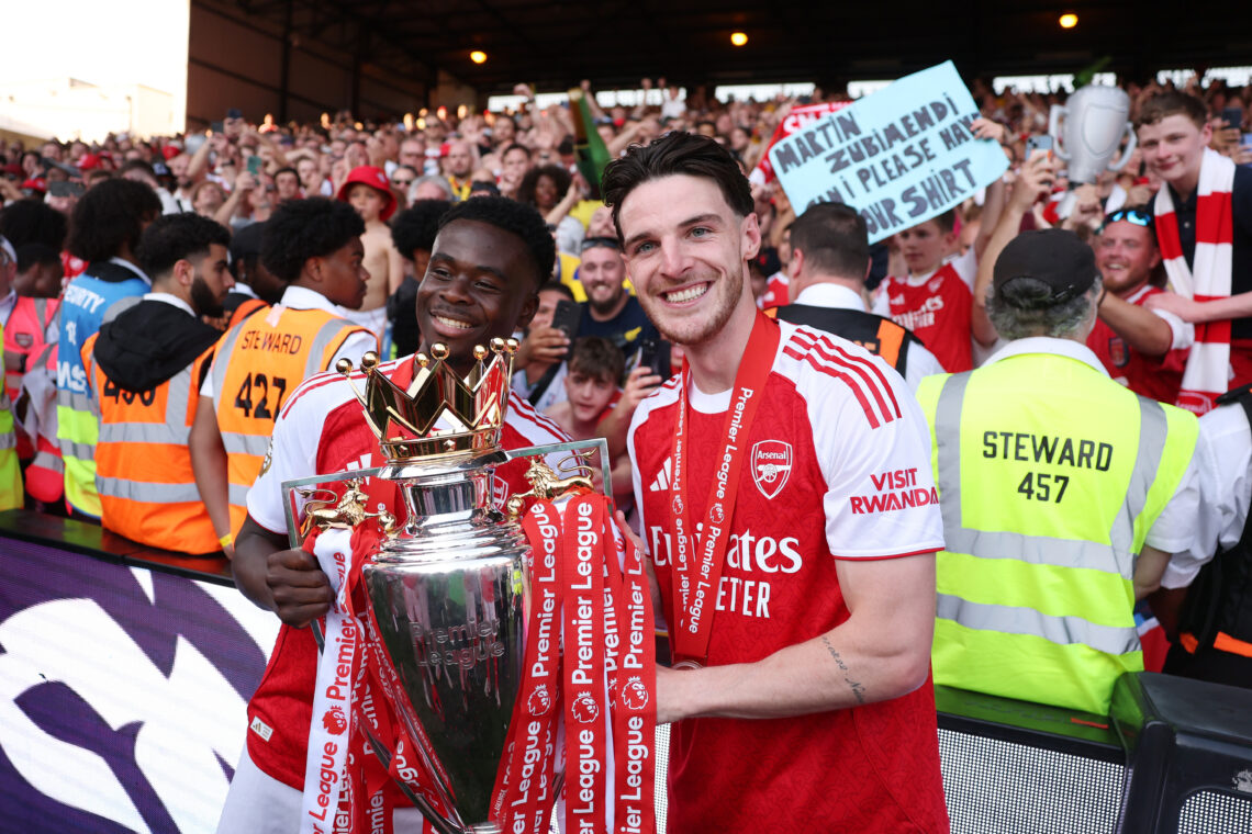 Arsenal star named vice captain of England 1 Bukayo Saka and Declan Rice of Arsenal pose for a photograph the Premier League trophy as players of Arsenal celebrate, as they are crowned the Cha...