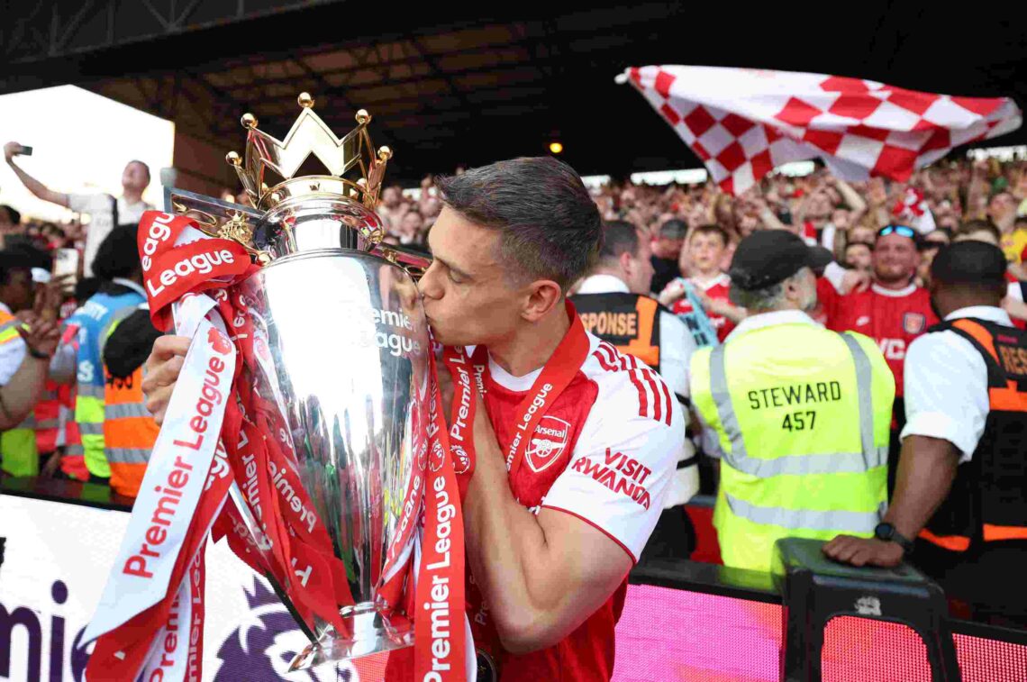 Arsenal in talks to sell winger 1 Leandro Trossard of Arsenal kisses the Premier League trophy, as Arsenal are crowned the Champions of the Premier League for the 2025/26 Season, af...