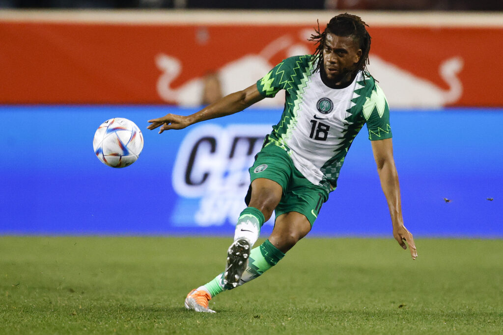 Alex Iwobi #18 of Nigeria passes against Ecuador at Red Bull Arena on June 02, 2022 in Harrison, New Jersey.