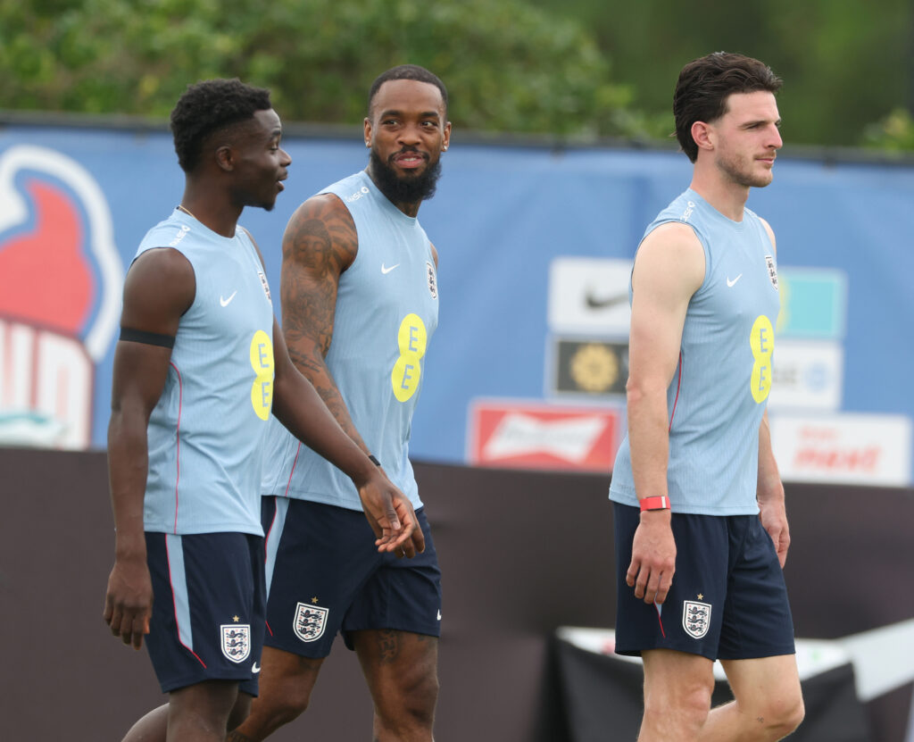 Declan Rice #4 of England and Ivan Toney #22 of England and Bukayo Saka #7 of England in training on June 09, 2026 in Palm Beach Gardens, Florida