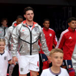 Declan Rice #4 of England walks out prior to the International Friendly match between England and Costa Rica at Inter&Co Stadium on June 10, 2026 in Orlando