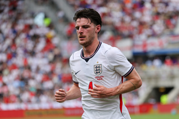 Declan Rice #4 of England runs to the corner during an International Friendly match against Costa Rica at Inter&Co Stadium on June 10, 2026 in ...