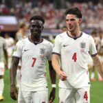 Bukayo Saka #7 and Declan Rice #4 of England react after the 4-2 win during the FIFA World Cup 2026 Group L match between England and Croatia at Dallas Stadium on June 17, 2026 in Arlington, Texas. (Photo by Richard Pelham/Getty Images)