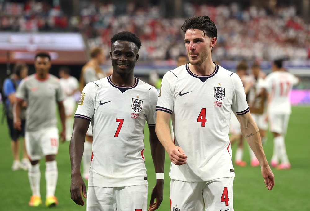 Bukayo Saka #7 and Declan Rice #4 of England react after the 4-2 win during the FIFA World Cup 2026 Group L match between England and Croatia at Dallas Stadium on June 17, 2026 in Arlington, Texas. (Photo by Richard Pelham/Getty Images)