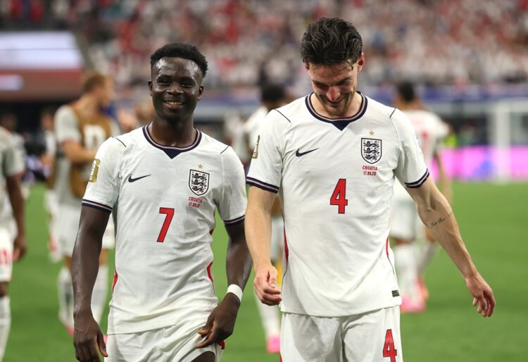 Bukayo Saka #7 and Declan Rice #4 of England react after the 4-2 win during the FIFA World Cup 2026 Group L match between England and Croatia at Da...