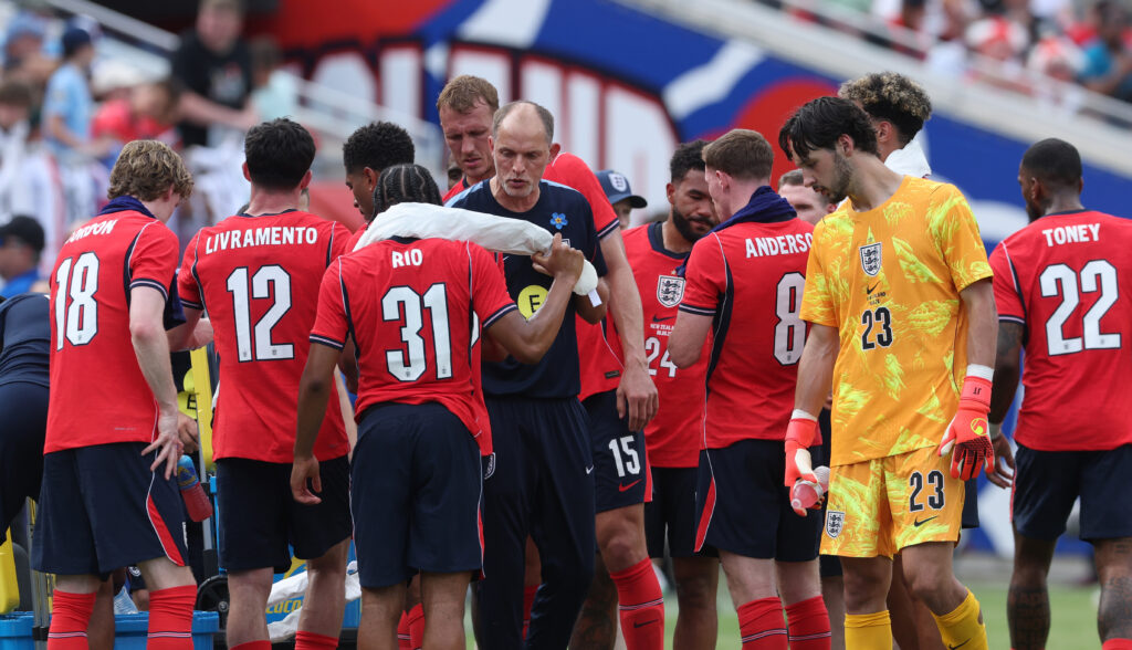 Arsenal star named vice captain of England 4 Thomas Tuchel England Manager during a Cooling break during the international friendly match between England and New Zealand at Raymond James Stadium on June 06, 2026 in Tampa