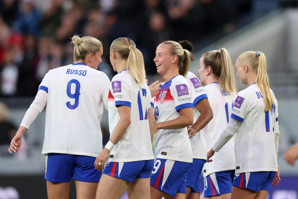 Home nations discover Women’s World Cup play-off paths 2 Beth Mead of England celebrates scoring her team's third goal with teammate Alessia Russo during the FIFA Women's World Cup 2027 Qualifier match between England and Ukraine