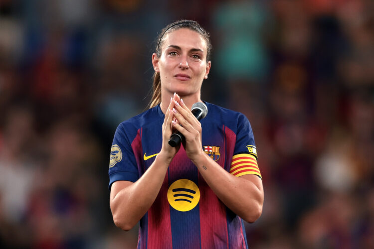 Alexia Putellas of FC Barcelona reacts as she speaks to the fans following the Liga F match between FC Barcelona Femení and Real Sociedad