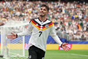 Kai Havertz #7 of Germany celebrates scoring his team's seventh goal during the FIFA World Cup 2026 Group E match between Germany and Curacao at Houston Stadium on June 14, 2026 in Houston, Texas. (Photo by Alexander Hassenstein/Getty Images)