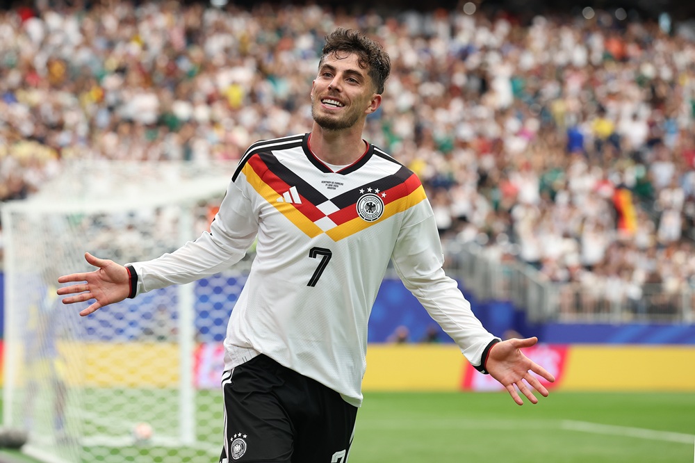Kai Havertz #7 of Germany celebrates scoring his team's seventh goal during the FIFA World Cup 2026 Group E match between Germany and Curacao at Ho...