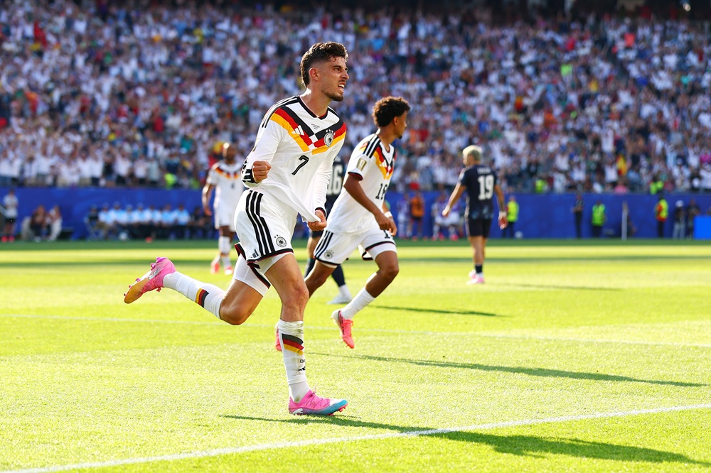 Kai Havertz #7 of Germany celebrates after scoring his team's first goal during the FIFA World Cup 2026 Round Of 32 match between Germany and Paraguay at Boston Stadium on June 29, 2026 in Foxborough, Massachusetts. (Photo by Robert Cianflone/Getty Images)