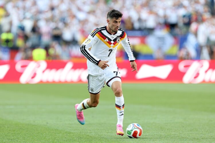 Kai Havertz #7 of Germany runs with the ball during the FIFA World Cup 2026 Round Of 32 match between Germany and Paraguay at Boston Stadium on Jun...