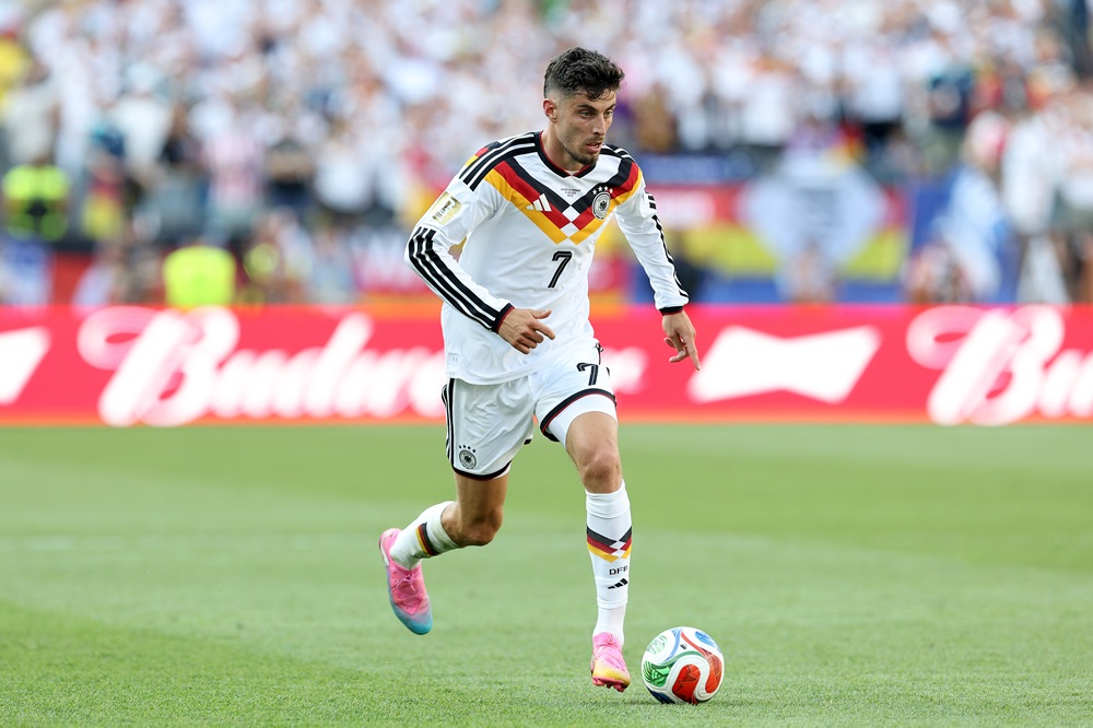 Kai Havertz #7 of Germany runs with the ball during the FIFA World Cup 2026 Round Of 32 match between Germany and Paraguay at Boston Stadium on June 29, 2026 in Foxborough, Massachusetts. (Photo by Alexander Hassenstein/Getty Images)