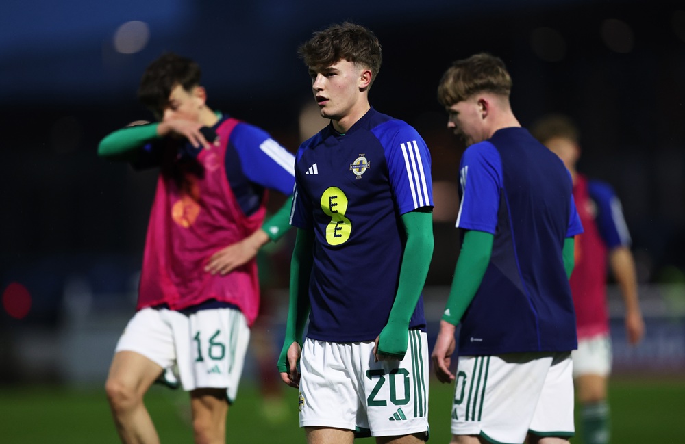 Ceadach O'Neill of Northern Ireland looks on prior to the Under-17 EURO Elite Round match between Hungary and Northern Ireland at St George's Park on March 26, 2024 in Burton upon Trent, England. (Photo by Cameron Smith/Getty Images )