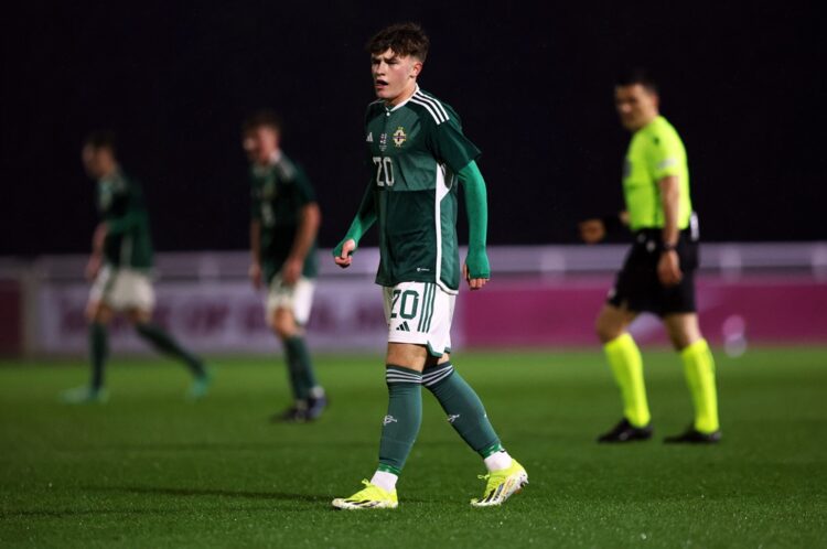 Ceadach O'Neill of Northern Ireland looks on during the Under-17 EURO Elite Round match between Hungary and Northern Ireland at St George's Park on...