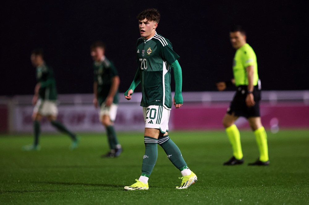 Ceadach O'Neill of Northern Ireland looks on during the Under-17 EURO Elite Round match between Hungary and Northern Ireland at St George's Park on...
