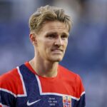 Martin Odegaard #10 of Norway reacts after the 4-1 win during the FIFA World Cup 2026 Group I match between Iraq and Norway at Boston Stadium on June 16, 2026 in Foxborough, Massachusetts. (Photo by Justin Setterfield/Getty Images)